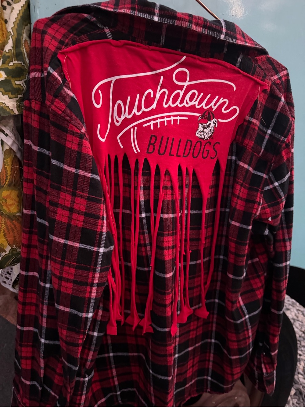 Touchdown Bulldogs Red Fringe Plaid Shirt